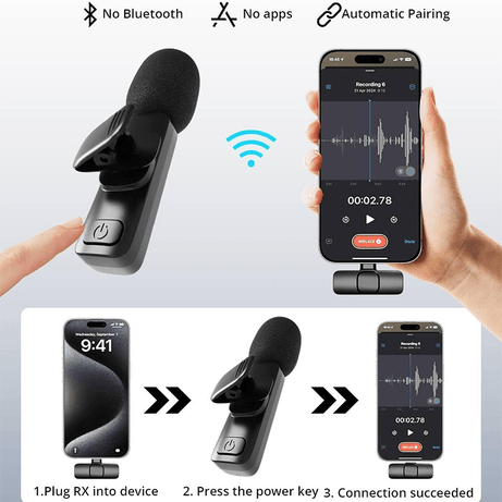 Wireless Lapel Microphone for iPhone, iPad, Mini Video Recording Mic for Interview Video Podcast Vlog Noise Reduction