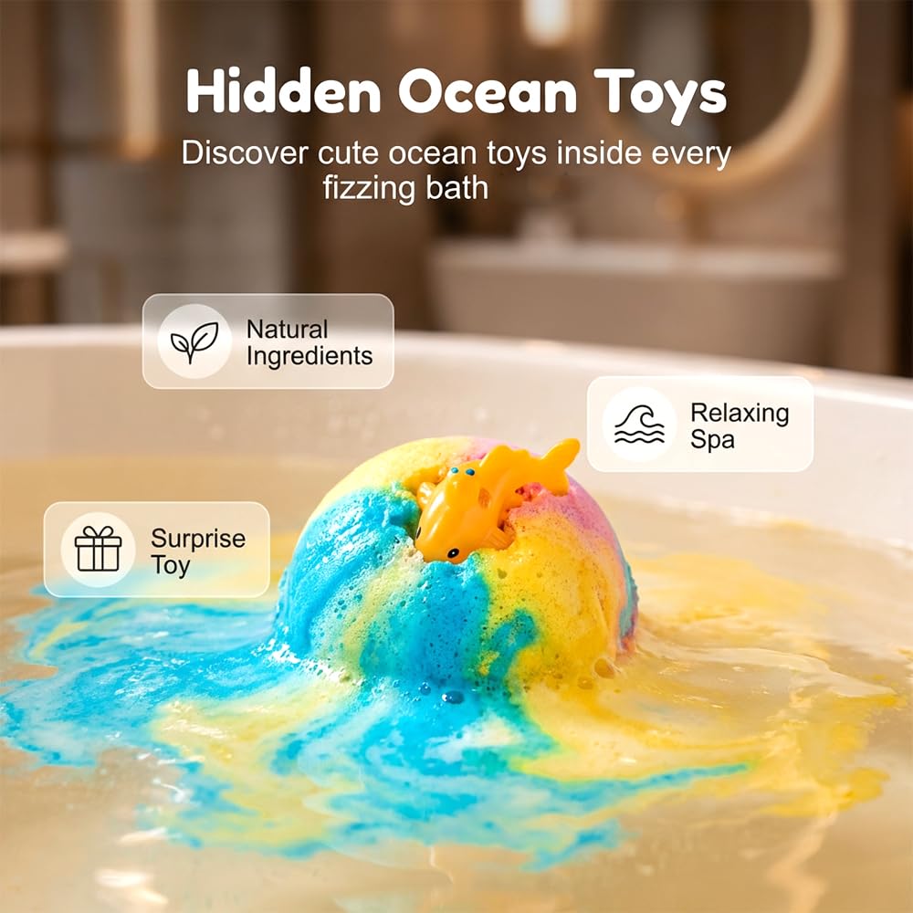 Ocean Bath Salt Ball Bath Bombs for Kids, 12-Pack with Surprise Inside, Bath Bombs, Easter Basket Stuffers Egg Fillers