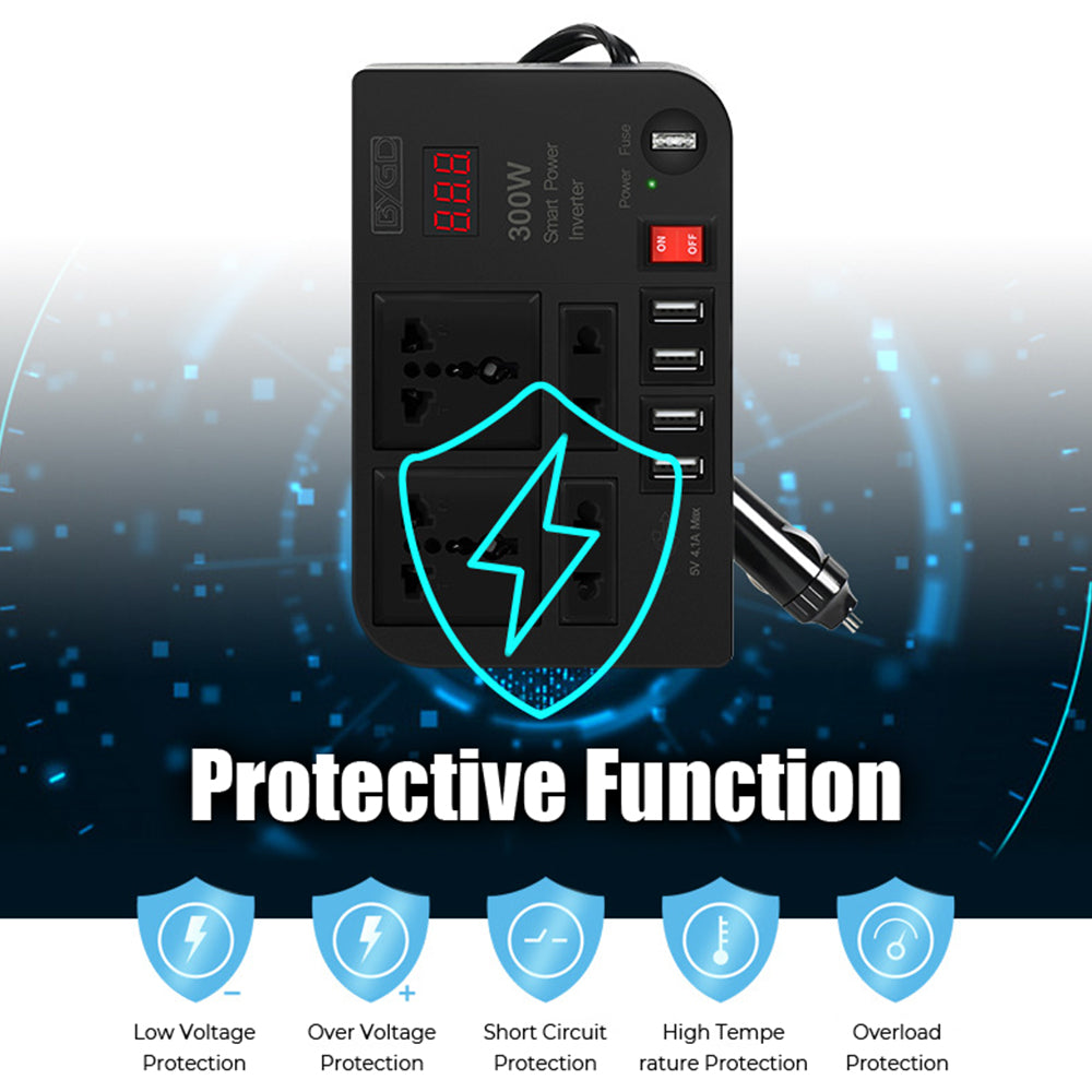 Car Power Inverter Converter Outlets Auto Tools Adapter 4 USB Ports Overload Protection Multifunctional Switch 300W 4 AC Sockets