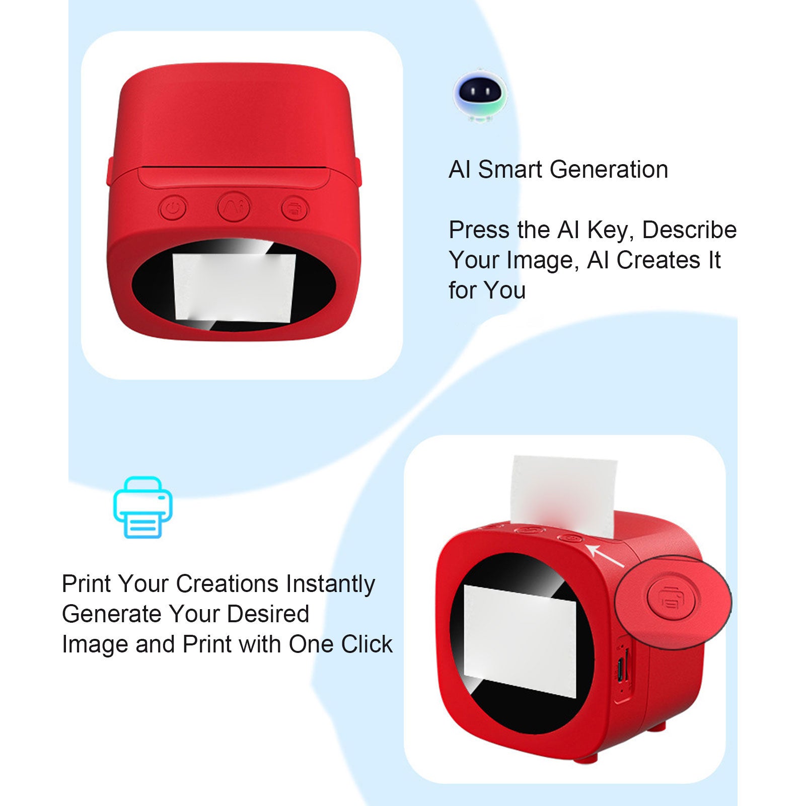 Ai Voice Command Thermal Printer Inkless Printing 203DPI 1300mAh for Creative Drawing Part Kids Photo Printer