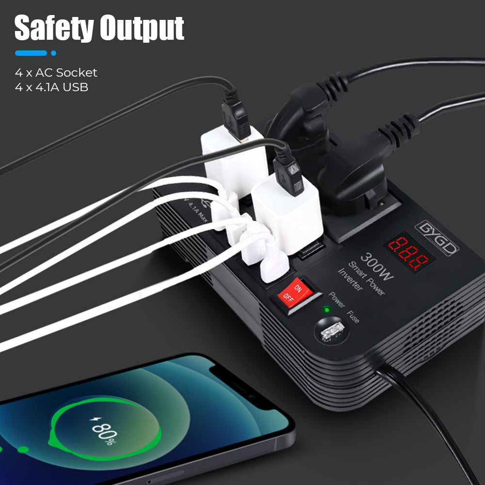 Car Power Inverter Converter Outlets Auto Tools Adapter 4 USB Ports Overload Protection Multifunctional Switch 300W 4 AC Sockets