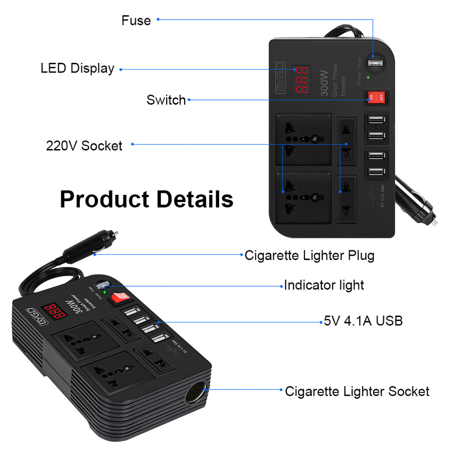 Car Power Inverter Converter Outlets Auto Tools Adapter 4 USB Ports Overload Protection Multifunctional Switch 300W 4 AC Sockets