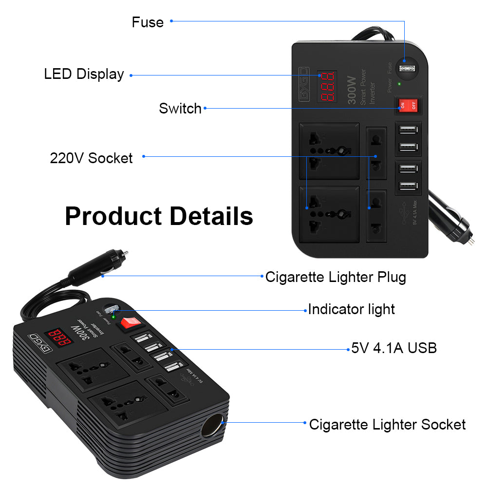 Car Power Inverter Converter Outlets Auto Tools Adapter 4 USB Ports Overload Protection Multifunctional Switch 300W 4 AC Sockets